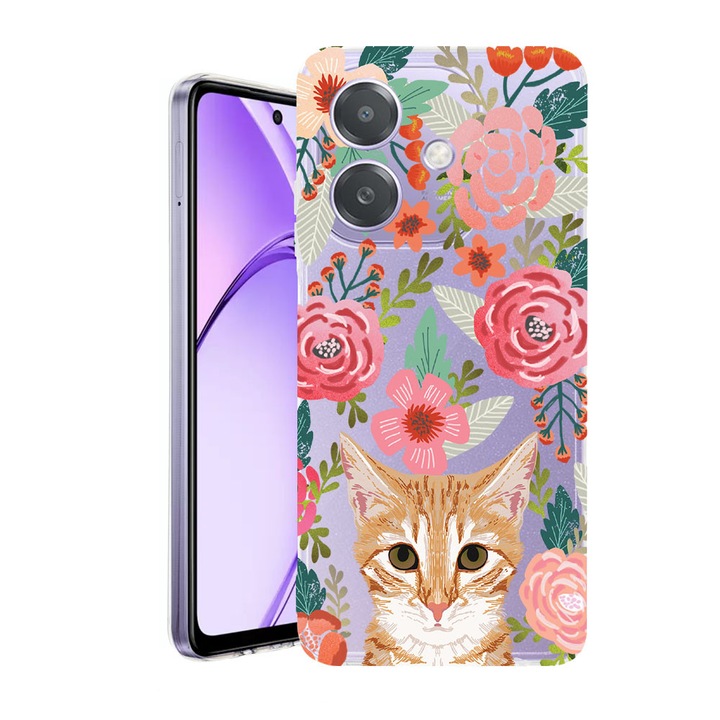 Husa pentru OPPO A40 / A40M, BestCase® Clear Silicon 2MM, Cat and Flowers, Antisoc, Protectie camera si ecran, 1938403 T 638