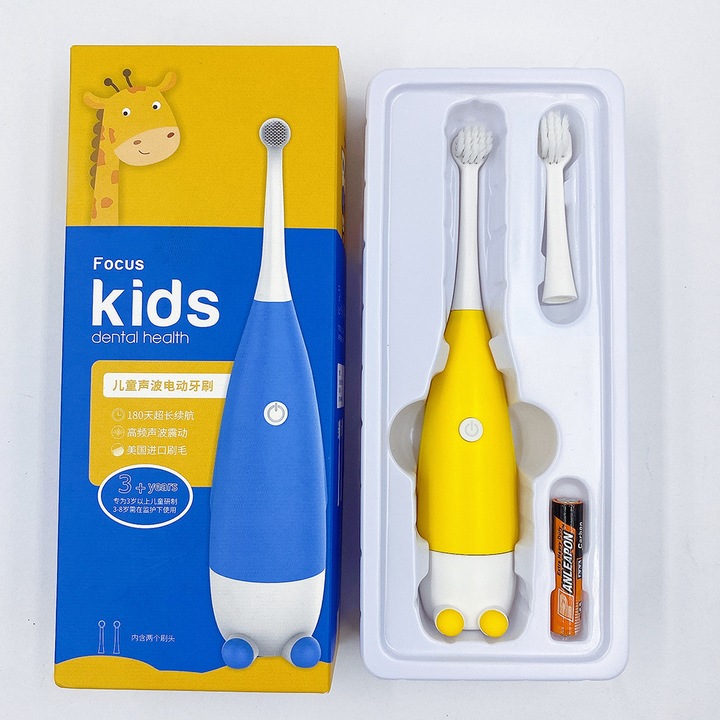 Elektromos fogkefe, sárga, 2 fejjel, pingvin alakú, 20x2,5x2,5 cm, felnőtteknek való készlet