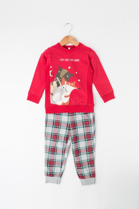 Undercolors of Benetton, Pijama cu maneci lungi si imprimeu fosforescent, Rosu/ Gri, 11-12Y Standard