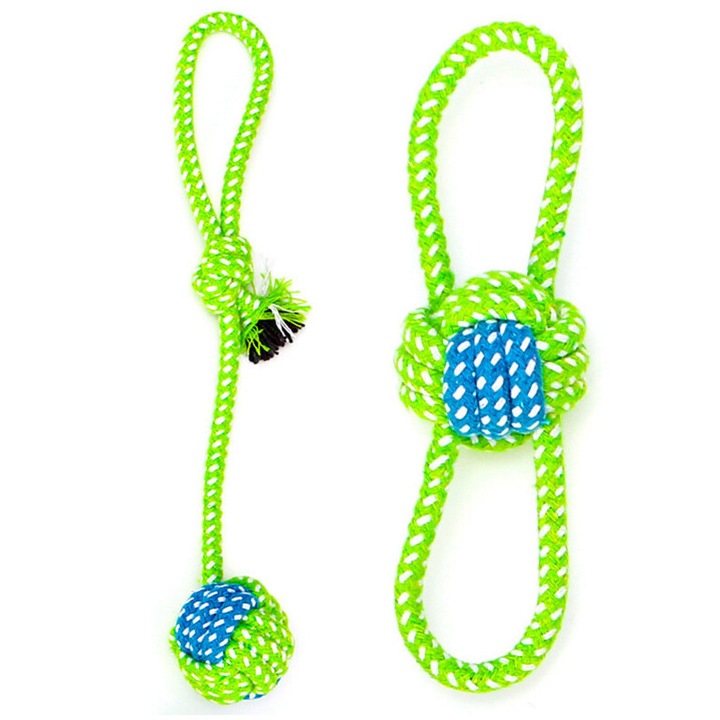 Kutyajáték, hosszú csomózott labda, zöld, tartós pamutból, ideális interaktív játékhoz