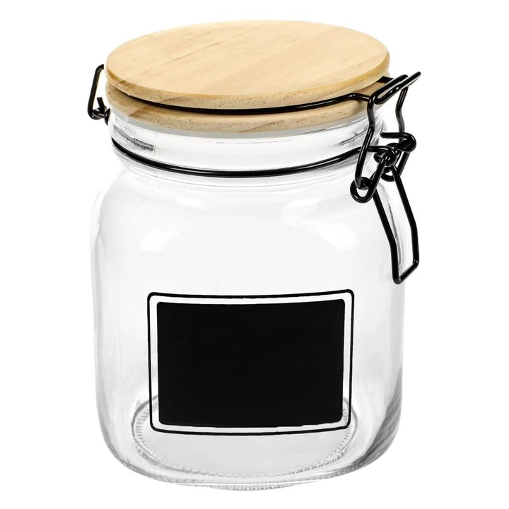 Borcan din Sticla Transparenta cu Capac din Lemn cu Siguranta pentru Depozitare 1L