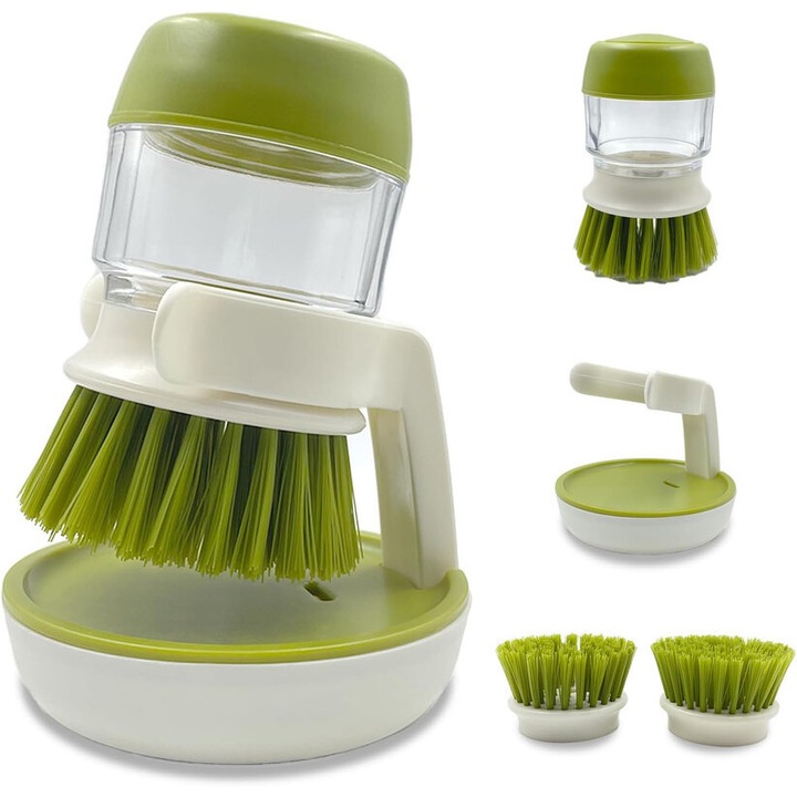 Дозатор за сапун с четка за съдове и поставка, комплект, сив, 500 мл