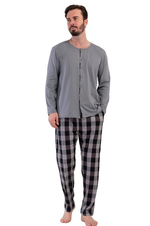 Férfi pizsama, Vienetta Man, Classic Button modell, gombos blúz, zsebes, pamut, szürke, Szürke