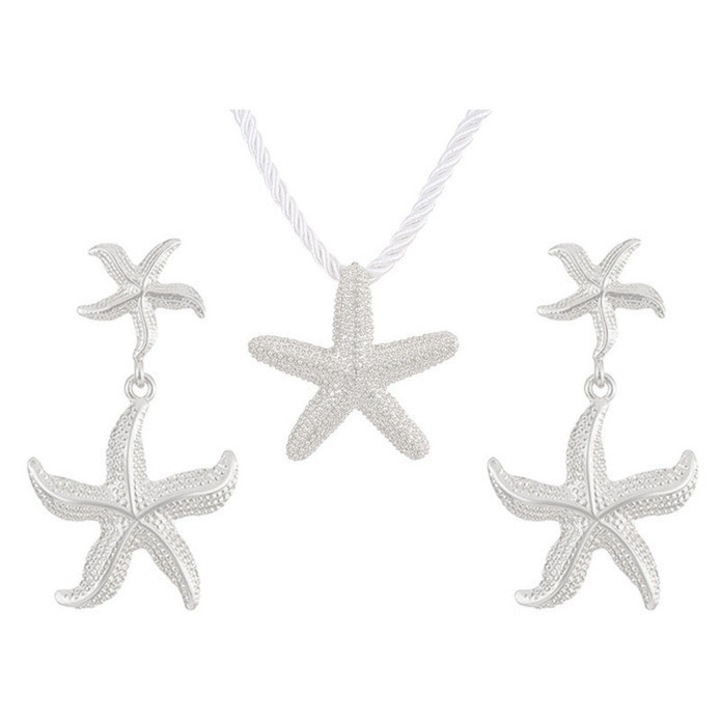 Set bijuterii dama, colier si cercei, stea de mare, argint, stil ins