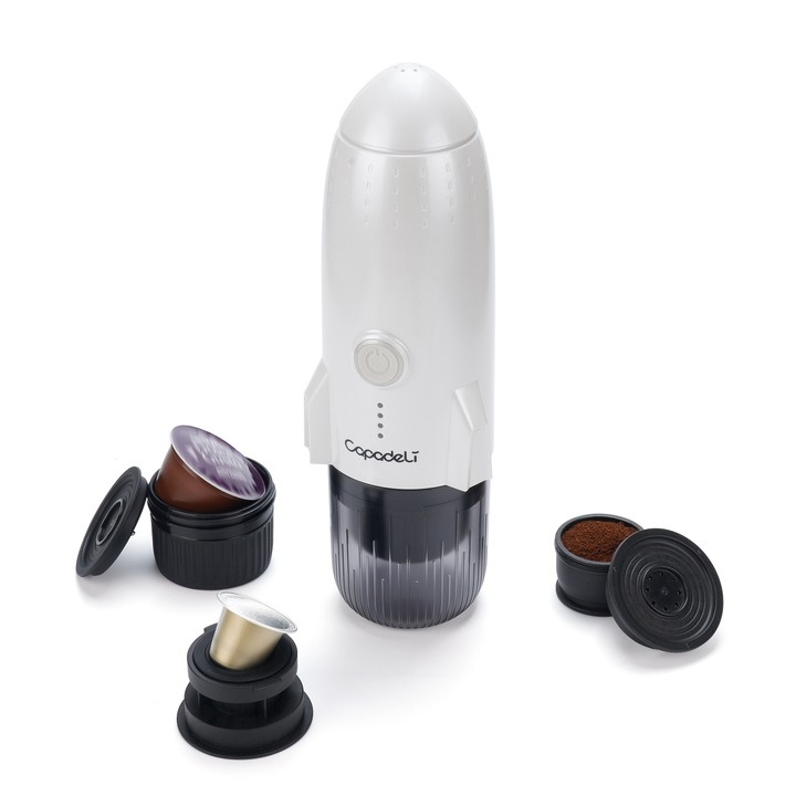 Преносима кафемашина iCafilas Rocket, Съвместима с капсули Nespresso, Капсули Dolce Gusto и мляно кафе, 7800 mAh батерия, 19 бара, Бял