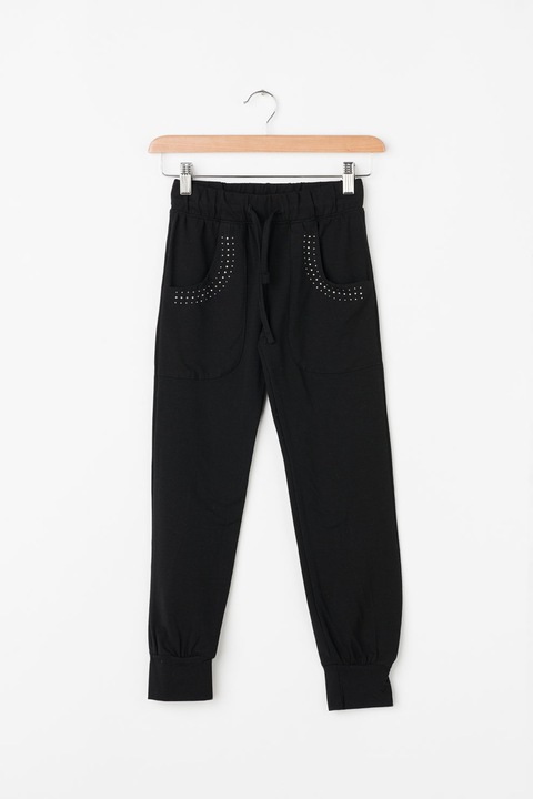 Zee Lane Kids, Pantaloni jogger cu aplicatie din strasuri, Negru, 158 CM Standard