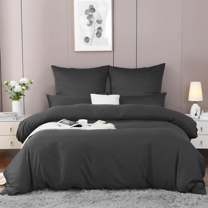 Lenjerie de pat, pentru 2 persoane, 3 piese, bumbac satinat, 155 x 220 cm (husa pilota) si 80 x 80 cm (fata de perna), gri inchis - CN