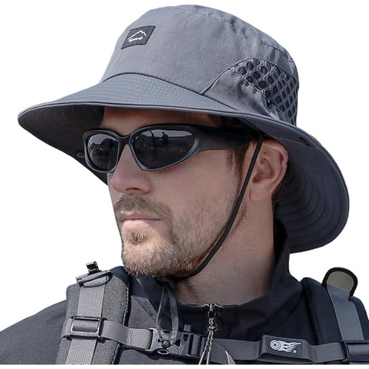Napvédő sapka, UPF50+, széles karimájú, sötétszürke, állítható méretű, férfiaknak és nőknek