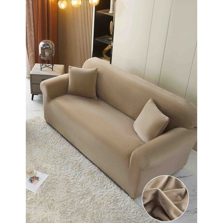 Husă elastică din catifea pentru canapea 2 locuri, 130x180cm, cu față de pernă 45x45cm, MHR, culoare multicolor