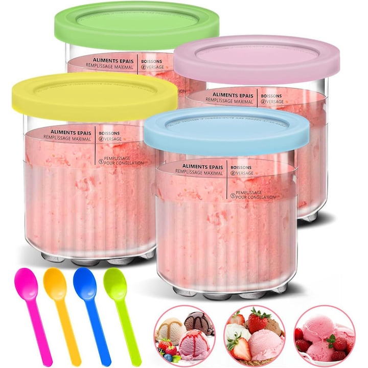 Set recipiente pentru Ninja Ice Cream Maker, recipient pentru inghetata cu capac pentru aparatul de inghetata Ninja, recipient cu gheata de 680 ml pentru seria NC500 NC501, 4 piese, culori variate