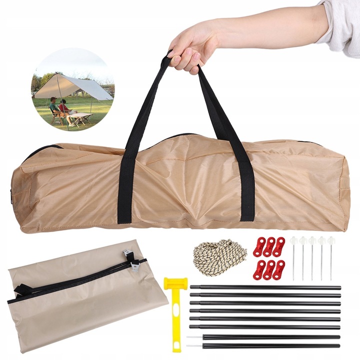 Tarpaulin camping 3m x 3m, pentru exterior, camping, drumetii, picnic, rucsac, Impermeabil, Tesatura Oxford 210D, Portabila, Protectie UV 50+, cu 2 stalpi, set complet