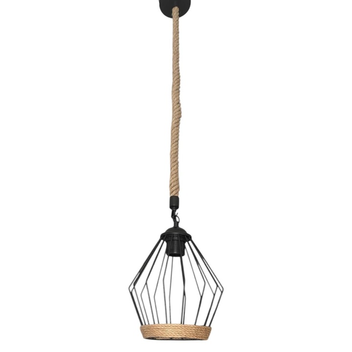 Corp de iluminat E27 tip pendul retro, vintage, cu franghie iuta, H 75cm, Ø corp pendul 18cm, metal, bec neinclus, AVI-4814