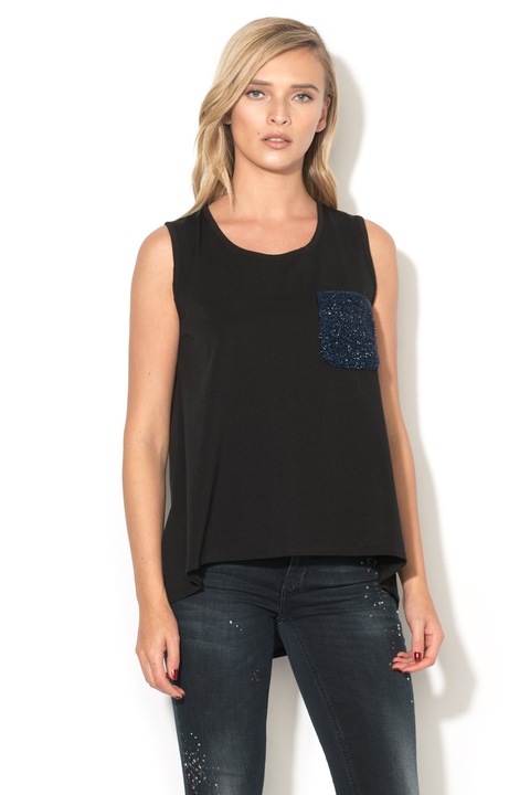 Liu Jo, Top asimetric cu buzunar stralucitor pe piept, Negru, S