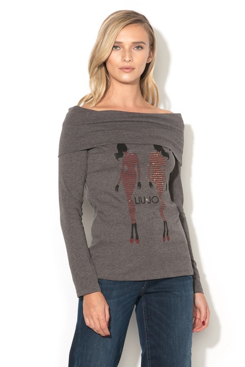 Liu Jo, Bluza cu decolteu pe umeri si aplicatie cu strasuri, Gri inchis melange, XL