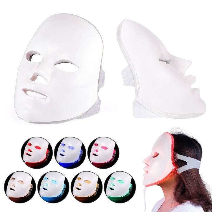 Masca faciala LED 7 culori, Masca cosmetica fototerapie fata LED, tratament anti-rid, anti-acnee, rejuvenare si lifting, wireless, touch control, 10 intensitati, pentru toate tipurile de ten, alb