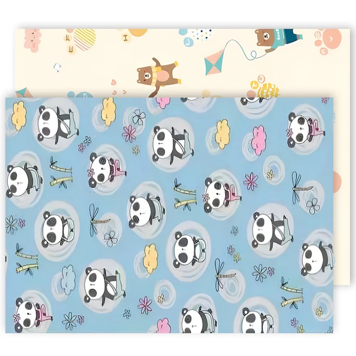 Teno® Детска подложка за игра, двустранна, термична, противоплъзгаща, сгъваема, удароустойчива, панда и гризли, 200x180 см, дебелина 1 см, многоцветна