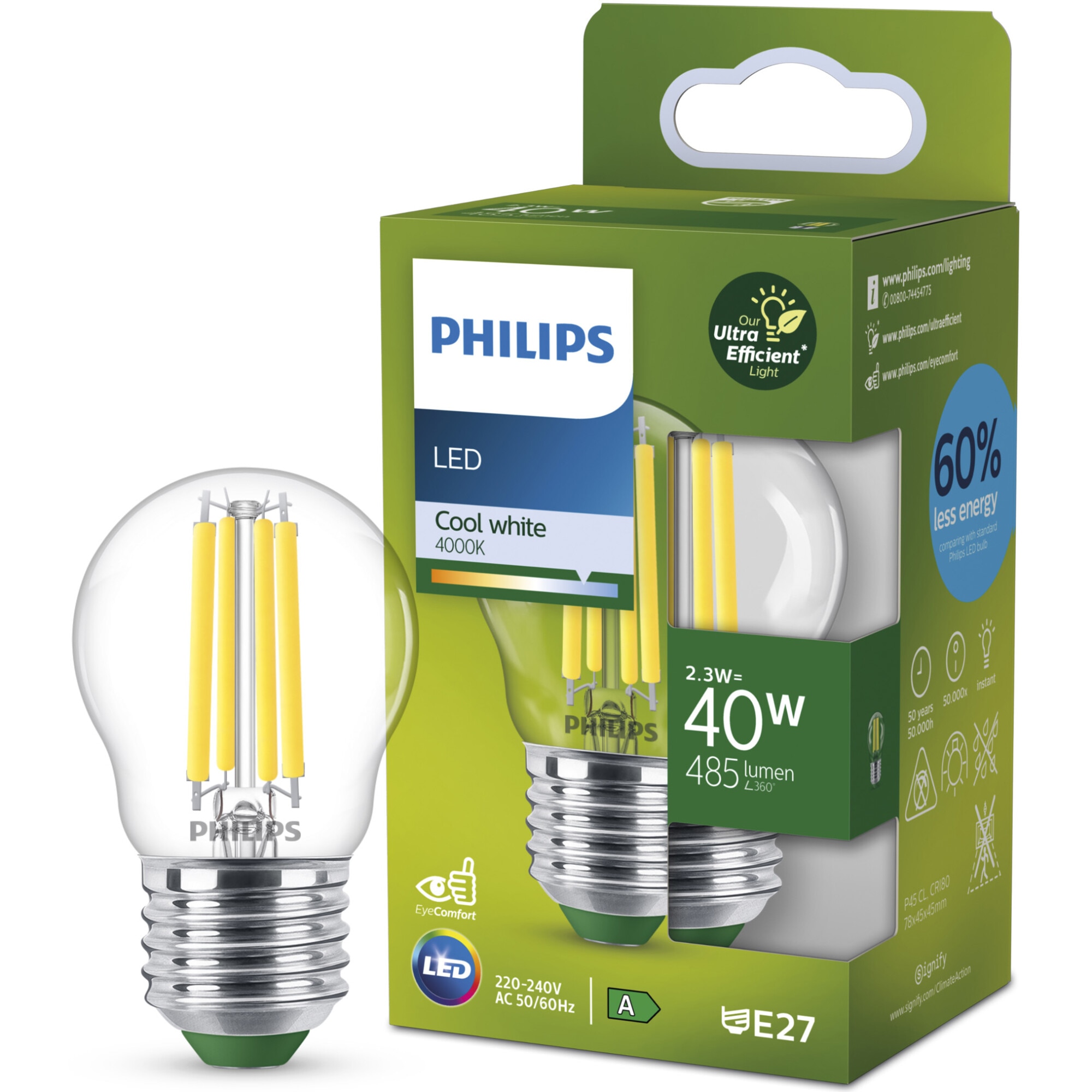 Bec LED cu filament Philips Ultra Efficient, P45, E27, 2.3W (40W), 485 lm, lumina neutra (4000K), Clasa energetica A