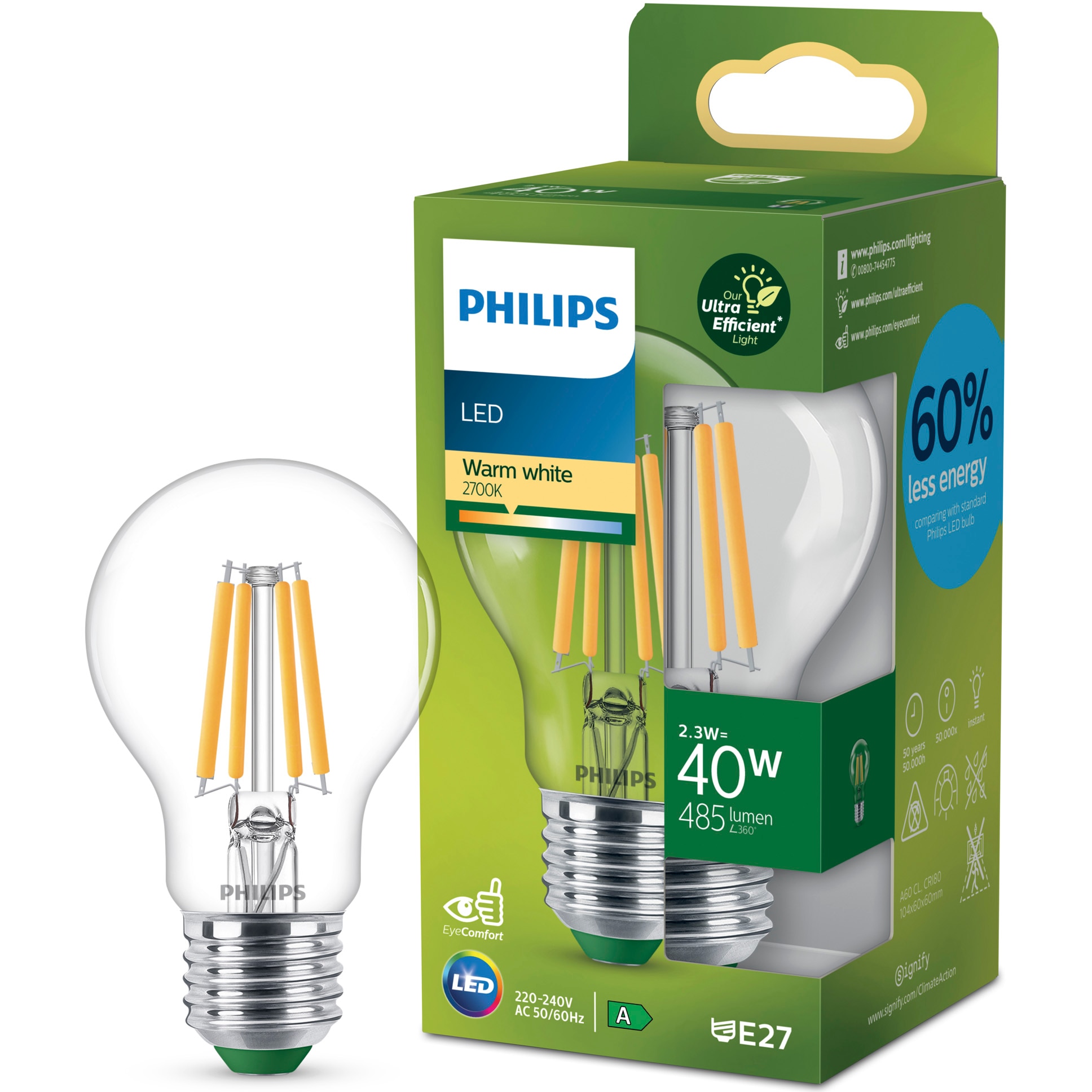 Bec LED cu filament Philips Ultra Efficient, A60, E27, 2.3W (40W), 485 lm, lumina calda (2700K), Clasa energetica A