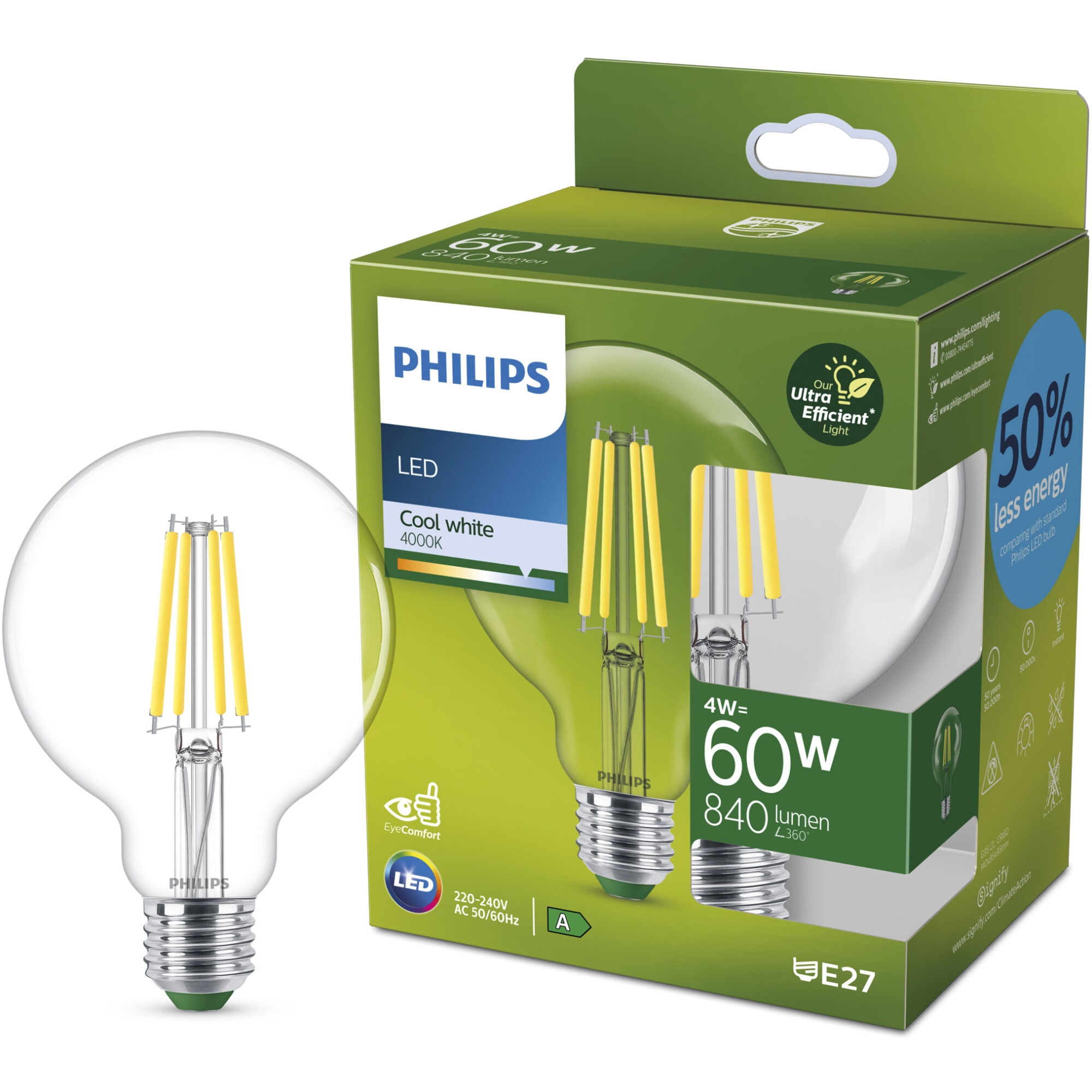 Bec LED cu filament Philips Ultra Efficient, G95, E27, 4W (60W), 840 lm, lumina neutra (4000K), Clasa energetica A