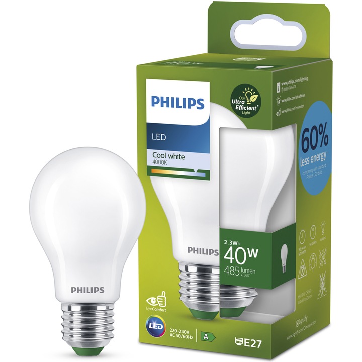 Ултра ефективна LED крушка с нажежаема жичка Philips, A60, E27, 4W (60W), 840 lm, топла светлина (2700K), енергиен клас A