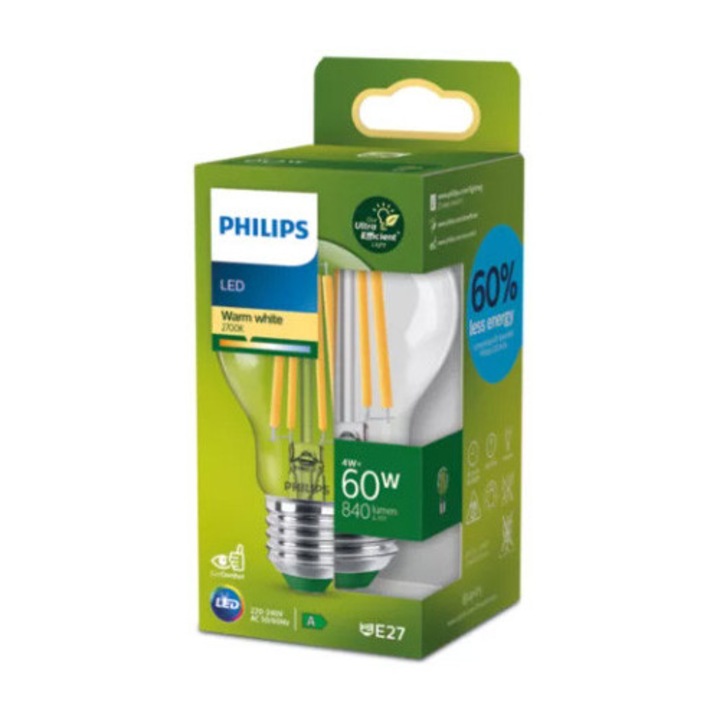 Ултра ефективна LED крушка с нажежаема жичка Philips, A60, E27, 4W (60W), 840 lm, топла светлина (2700K), енергиен клас A