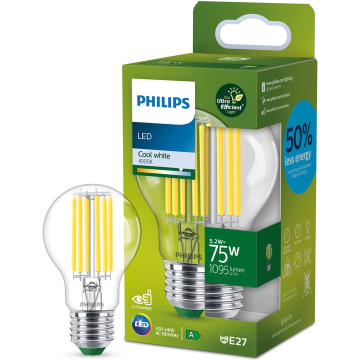 Bec LED cu filament Philips Ultra Efficient, A60, E27, 5.2W (75W), 1095 lm, lumina neutra (4000K), Clasa energetica A
