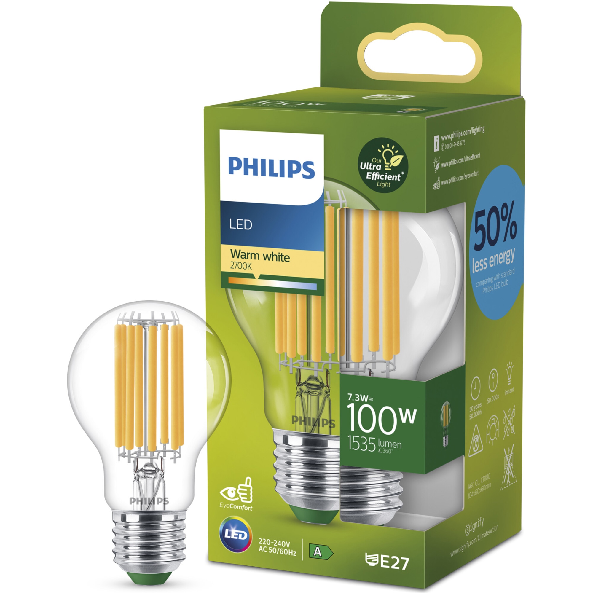 Bec LED cu filament Philips Ultra Efficient, A60, E27, 7.3W (100W), 1535 lm, lumina calda (2700K), Clasa nergetica A