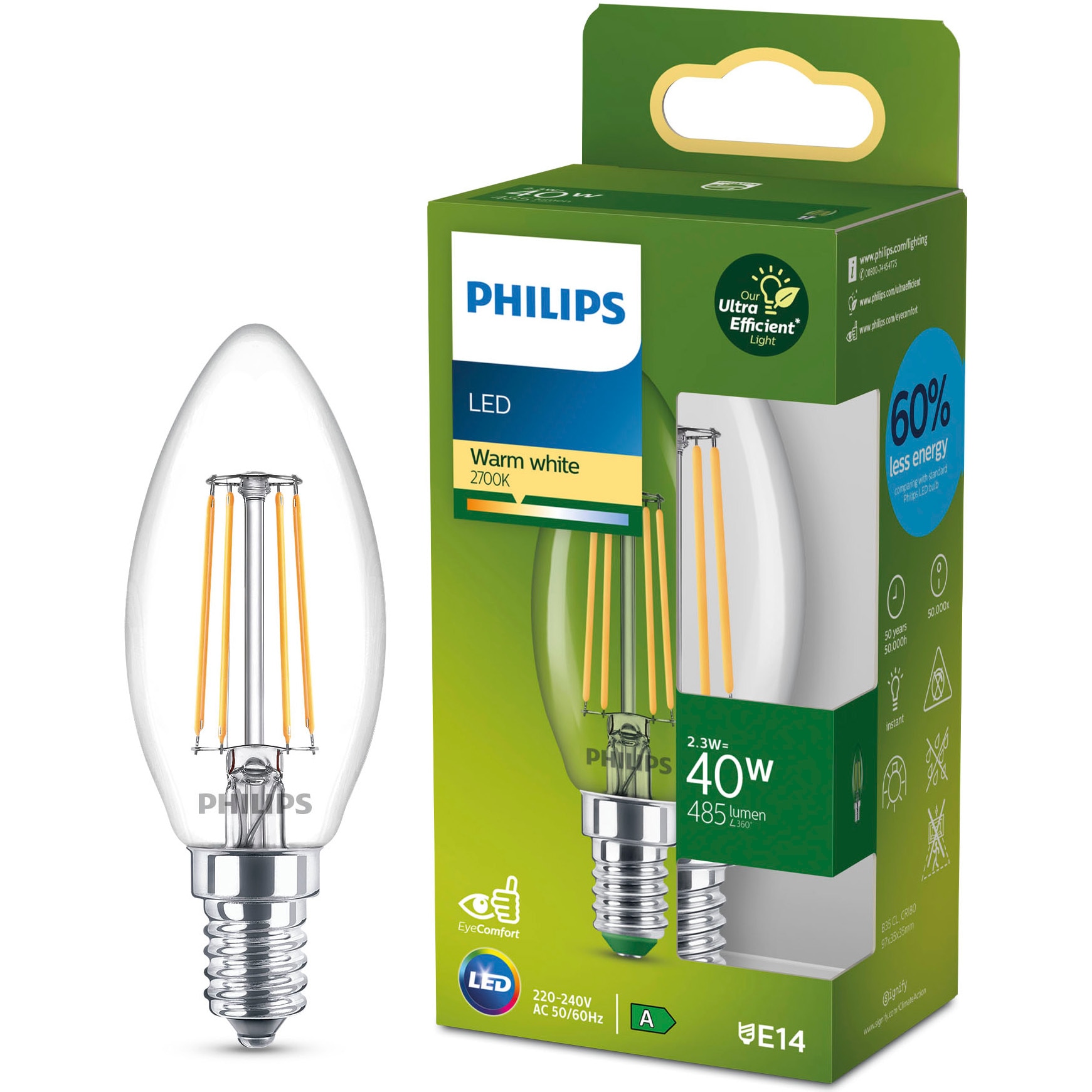 Bec LED cu filament Philips Ultra Efficient, B35, E14, 2.3W (40W), 485 lm, lumina calda (2700K), Clasa energetica A