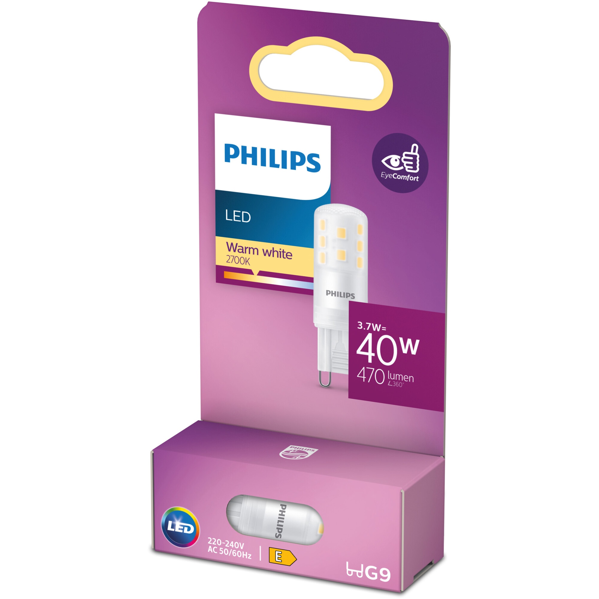 Bec LED capsula Philips, G9, 3.7W (40W), 470 lm, lumina calda (2700K), Clasa energetica E