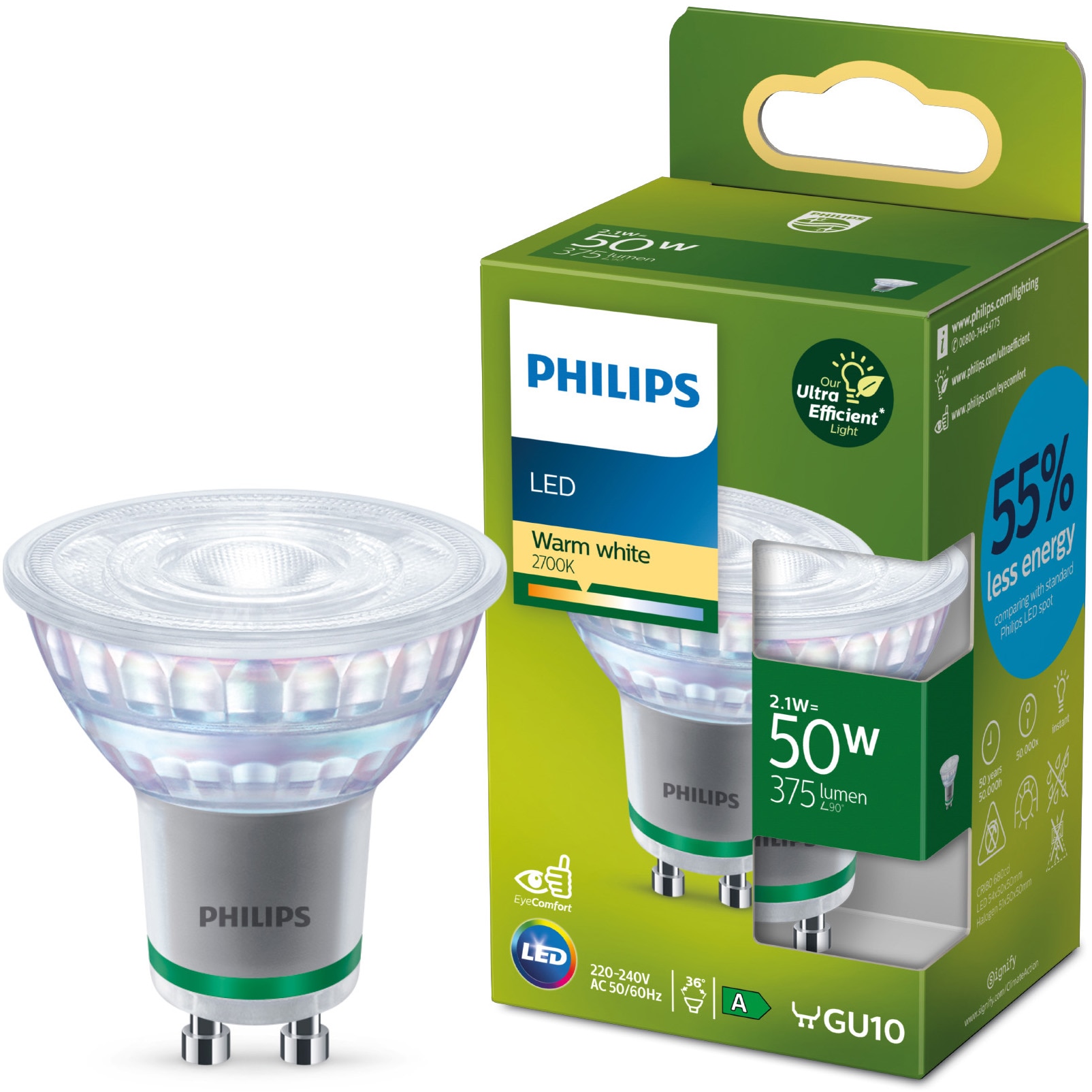 Bec LED spot Philips Ultra Efficient, GU10, 2.1W (50W), 375 lm, lumina calda (2700K), Clasa energetica A