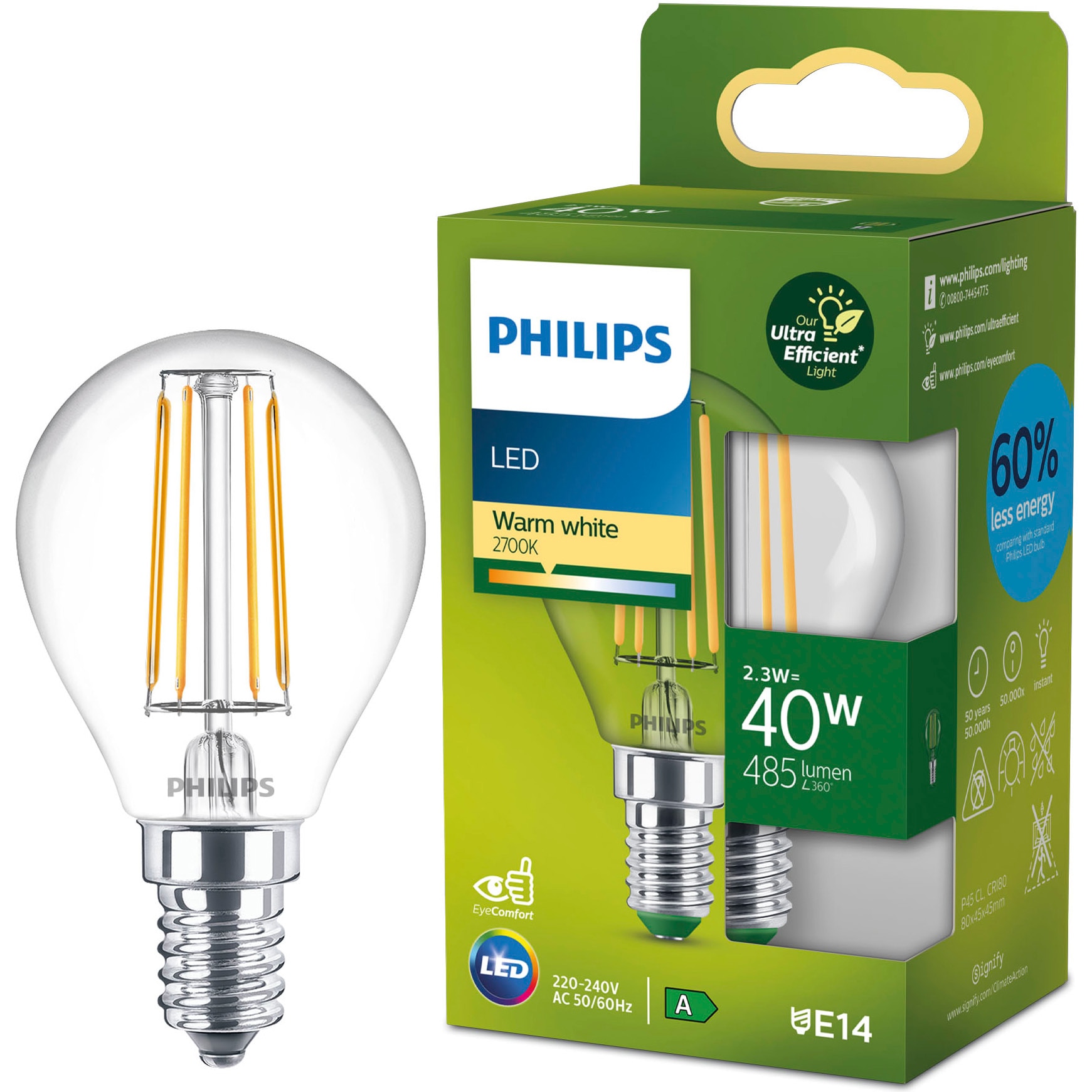 Bec LED cu filament Philips Ultra Efficient, P45, E14, 2.3W (40W), 485 lm, lumina calda (2700K), Clasa energetica A