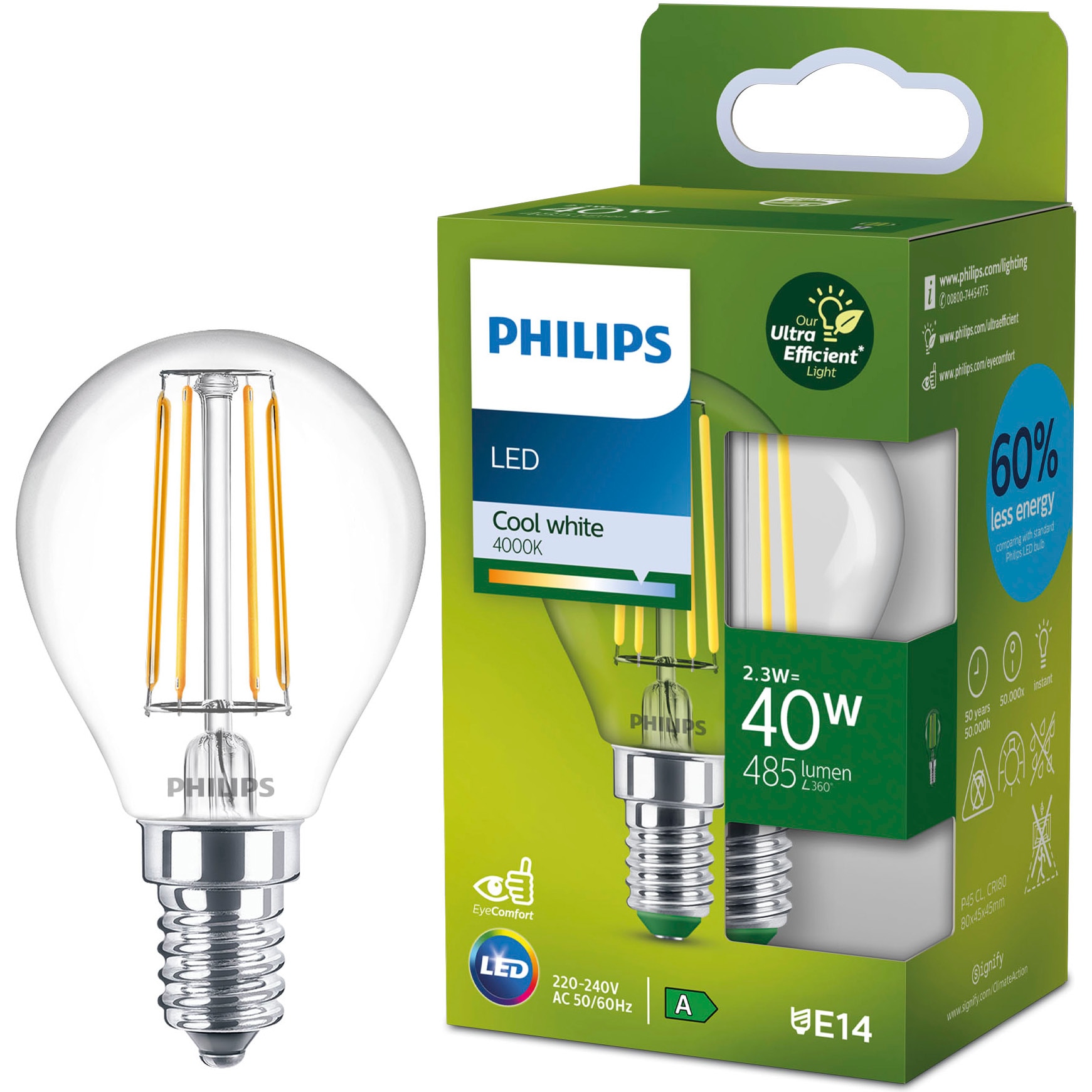 Bec LED cu filament Philips Ultra Efficient, P45, E14, 2.3W (40W), 485 lm, lumina neutra (4000K), Clasa energetica A