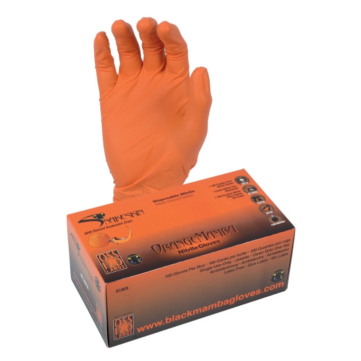 Комплект от 100 нитрилни ръкавици Black Mamba, от змийска кожа, оранжеви, размер L