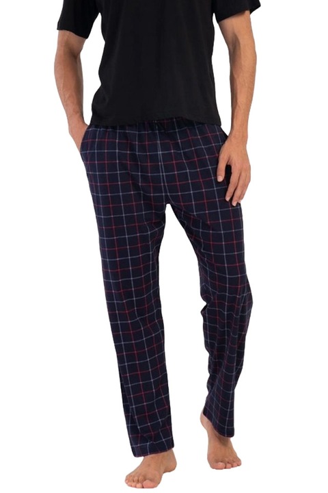 Férfi pizsamanadrág, Vienetta Man, Royal Blue modell, zsebes, pamut, kockás, sötétkék, Piros
