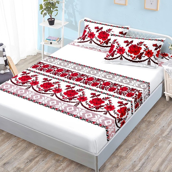 Set cearsaf de pat si 2 fete de perna pentru 2 persoane, Pucioasa, Etno V3, 180x200 cm, Finet