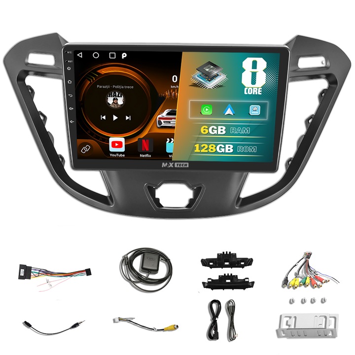 Ford Transit navigáció (2014-2020) Android 13 és Carplay, MaxTech, 9" IPS képernyő, 6 GB RAM 128 GB ROM, DSP, EQ, GPS funkciók, WIFI, RDS, rádió, Bluetooth, Waze