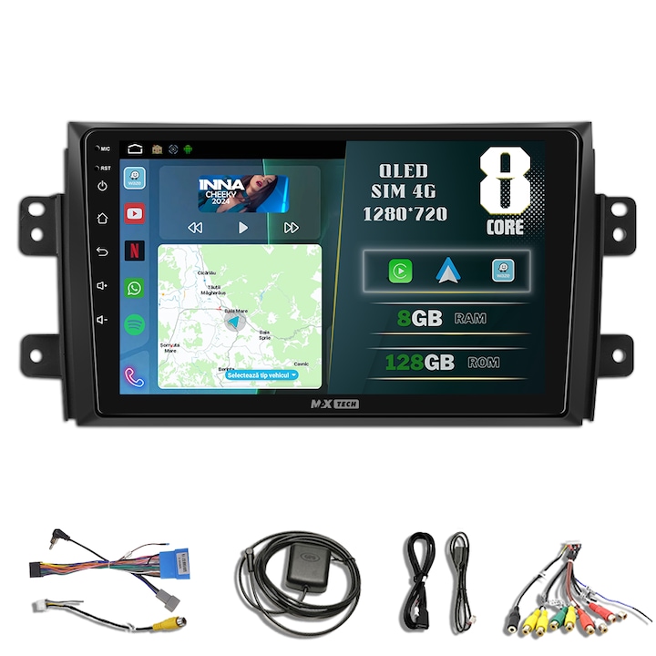 Navigatie Suzuki SX4 / Fiat Sedici ( 2006 - 2013 ) dedicata Android si Carplay, MaxTech®, ecran de 9'' QLED, 8 GB RAM 128 GB ROM, DSP, EQ, RDS, functii Sim 4G, GPS, WIFI, Bluetooth, Youtube, Waze