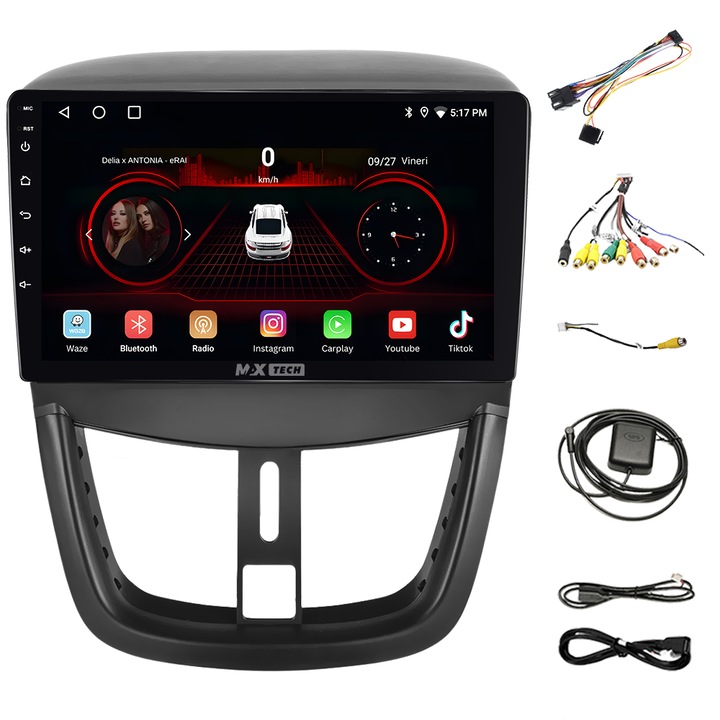 Navigáció Peugeot 207 (2006-2015) Android 13 és Carplay, MaxTech, 9 hüvelykes IPS képernyő, Youtube, GPS funkciók, WIFI, rádió, RDS, EQ, DSP, Bluetooth, Waze, Youtube, Mirrorlink