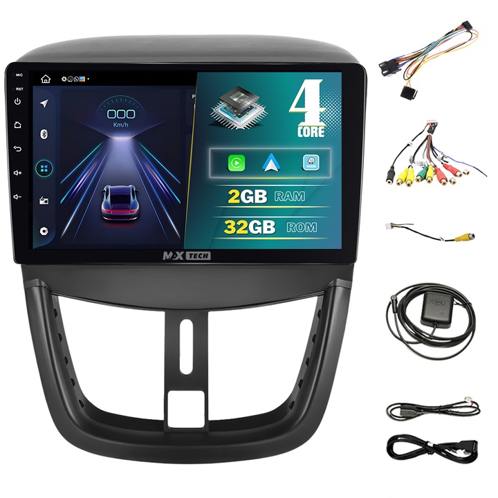 Navigatie Peugeout 207 ( 2006 - 2015 ) dedicata Android 13 si Carplay, MaxTech®, ecran de 9'' IPS, 2 GB RAM 32 GB ROM, DSP, EQ, functii GPS, WIFI, RDS, Radio, Bluetooth, Youtube, Waze