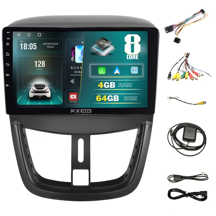 Navigatie Peugeout 207 ( 2006 - 2015 ) dedicata Android 13 si Carplay, MaxTech®, ecran de 9'' IPS, 4 GB RAM 64 GB ROM, DSP, EQ, functii GPS, WIFI, RDS, Radio, Bluetooth, Youtube, Waze