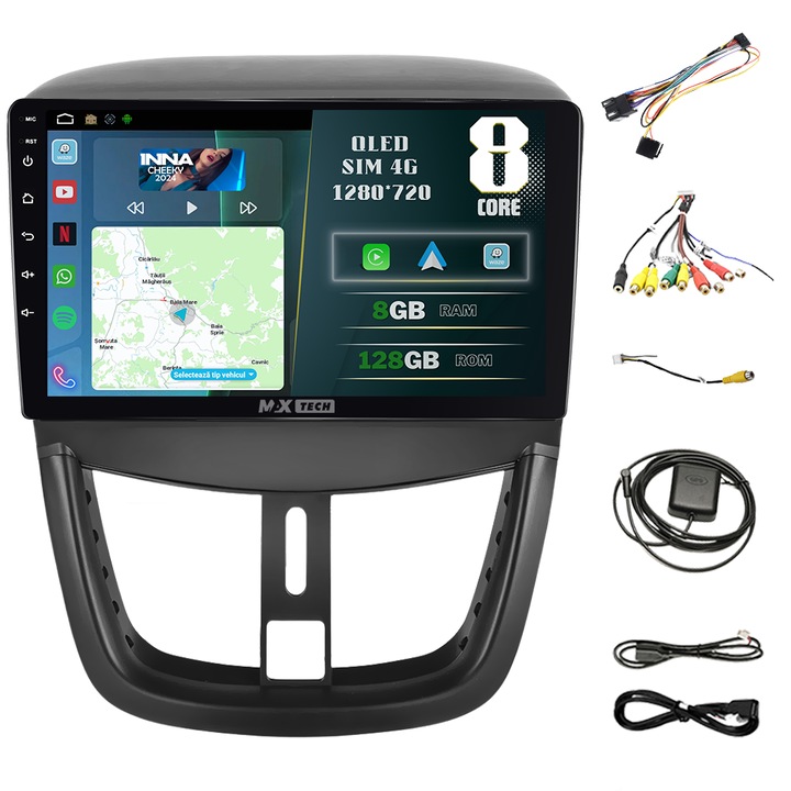 Navigatie Peugeout 207 ( 2006 - 2015 ) dedicata Android si Carplay, MaxTech®, ecran de 9'' QLED, 8 GB RAM 128 GB ROM, DSP, EQ, RDS, functii Sim 4G, GPS, WIFI, Bluetooth, Youtube, Waze