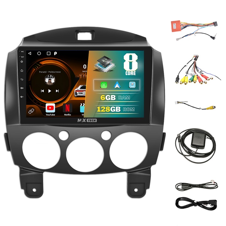 Navigáció Mazda 2 ( 2007 - 2014 ) Android 13 és Carplay, MaxTech, 9" IPS képernyő, 6 GB RAM 128 GB ROM, DSP, EQ, GPS funkciók, WIFI, RDS, rádió, Bluetooth, Waze