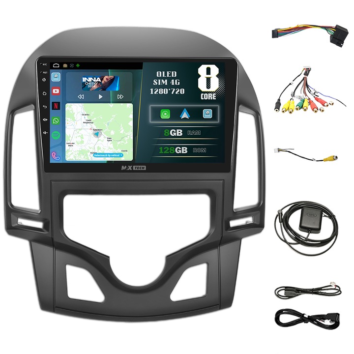 Navigatie Hyundai I30 ( 2007 - 2012 ) dedicata Android si Carplay, MaxTech®, ecran de 9'' QLED, 8 GB RAM 128 GB ROM, DSP, EQ, RDS, functii Sim 4G, GPS, WIFI, Bluetooth, Youtube, Waze