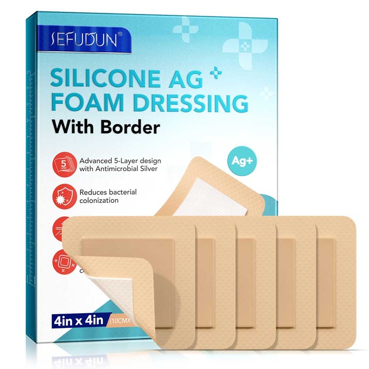Comprese Premium pentru Cicatrici din Spuma de Silicon cu Argint si Margine Adeziva, 5 buc, 10 cm x 10 cm