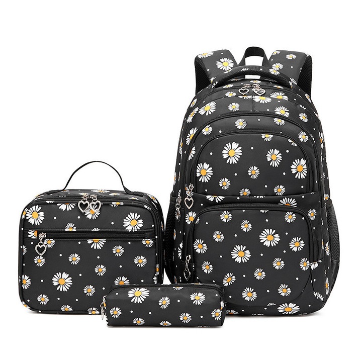 Set ghiozdan scoala cu penar si geanta, NEVERMORE, Imprimeu margareta, Rezistent apa, 43 x 29 x 16 cm, Negru
