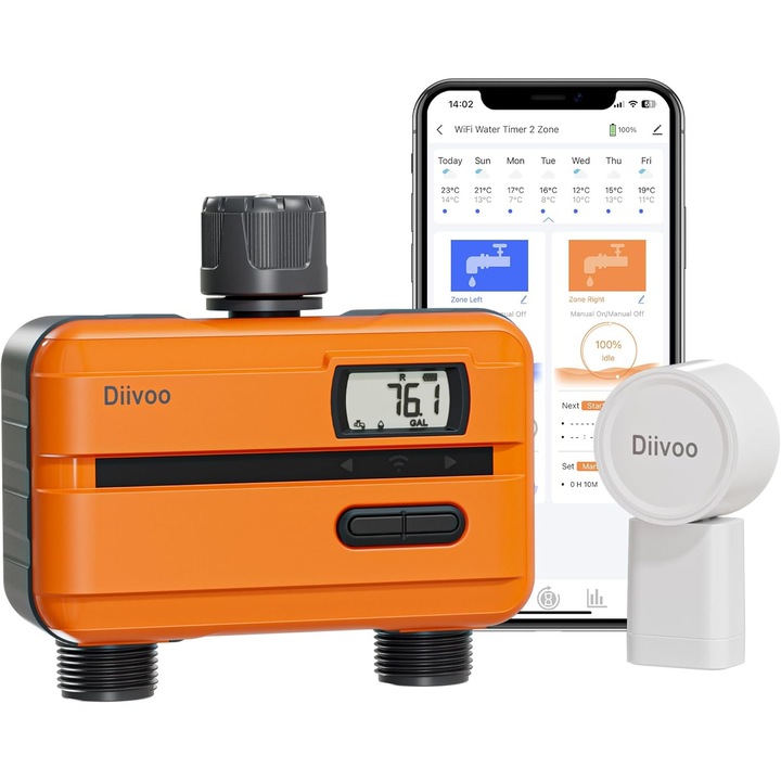 Programator smart de irigare udare, doua iesiri, apometru incorporat, Display LCD, automat/manual, pe doua zone de irigatii, control prin aplicatie, pentru gradina, gazon, plante