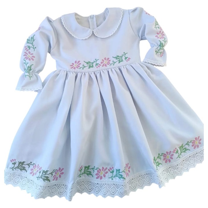 Rochie cu Motive Traditionale Brodate, Alba, Bumbac, Maneca Lunga, Marimea 3 ani