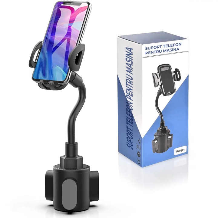 Suport Auto Telefon Elindor® Universal, Montare in Suportul de Pahar, Reglabil 360°, Compatibil cu iPhone, Samsung, Huawei, LG, Sony, Nokia, Accesorii Masina, Brat Extensibil, Negru​