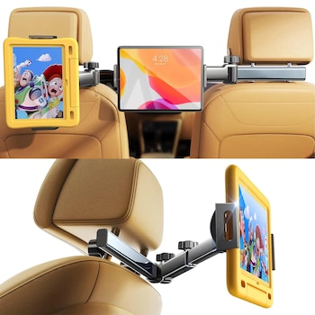 Suport Auto Tetiera Elindor® Reglabil pe 3 Axe pentru Tablete, Telefon 4.7–11 Inch, Sistem din Otel Pliabil cu Prindere Solida si Rotatie 360°, Compatibil Scaune Universale, Accesorii Masina, Negru