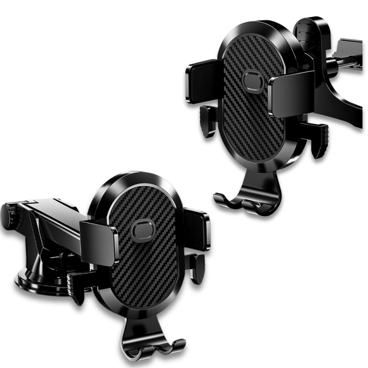 Set Suport Auto Telefon, NARCIX®, Prindere Dubla (Air Vent + Suction), Rotire 360°, Fibra de Carbon, Ajustabil, Negru